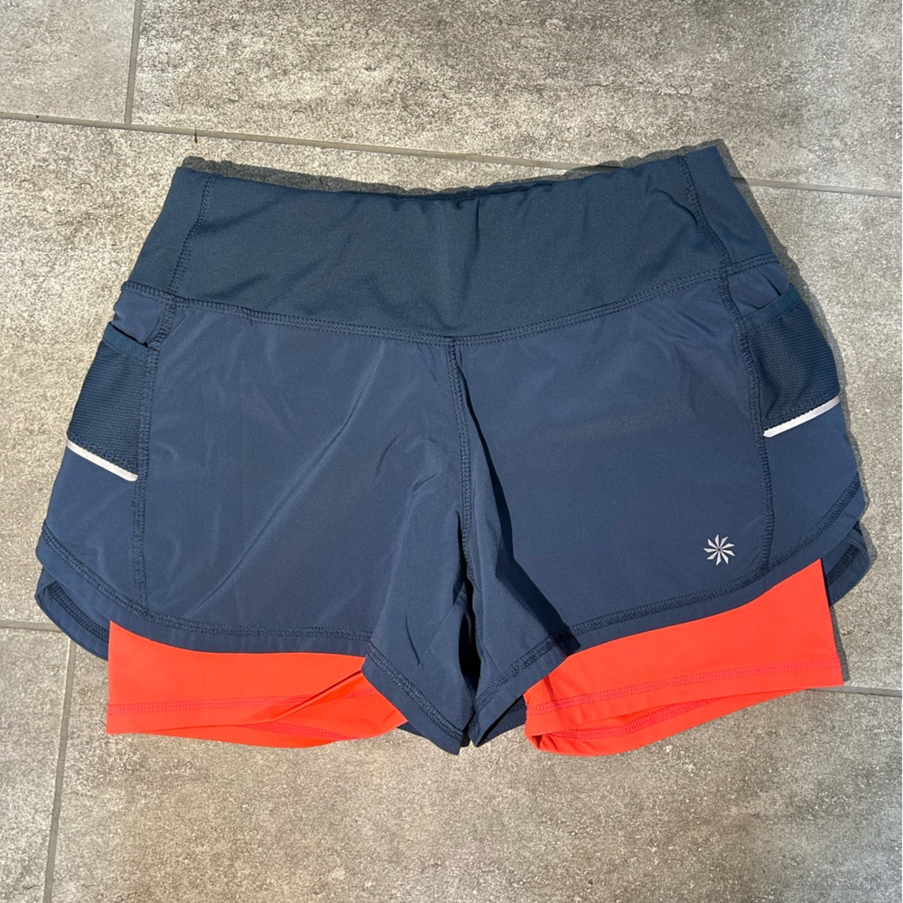 Athleta Ready Set 2 in 1 Blue/Coral Running Shorts  Size XS